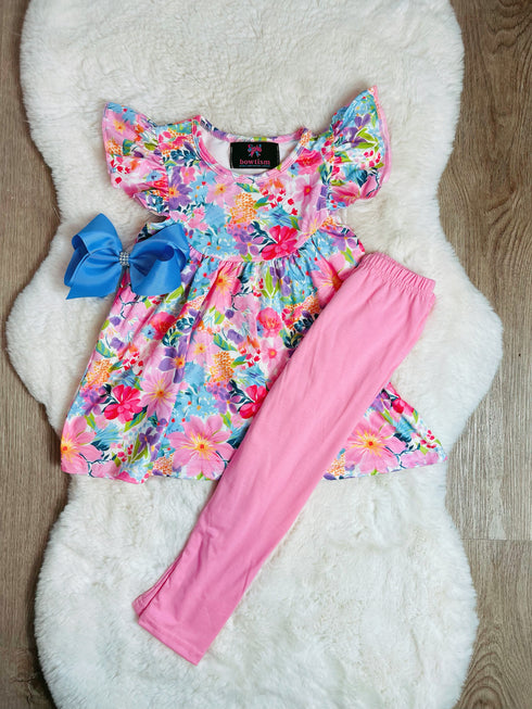 Girls Vibrant Floral Pant Set with Matching Bow - Bowtism