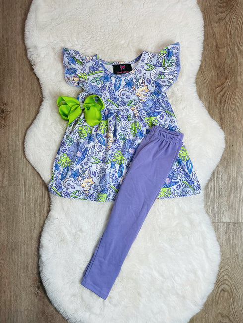 Lavender Seashell Pant Set with Matching Bow - Bowtism