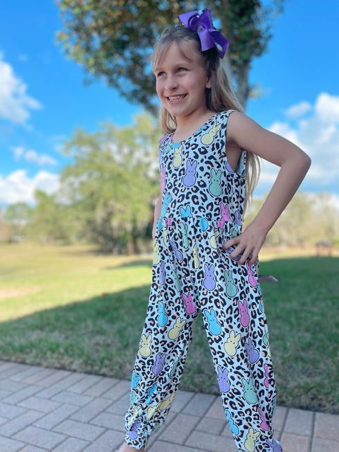 Girls Easter Peeps Cheetah Romper with Matching Bow - Bowtism