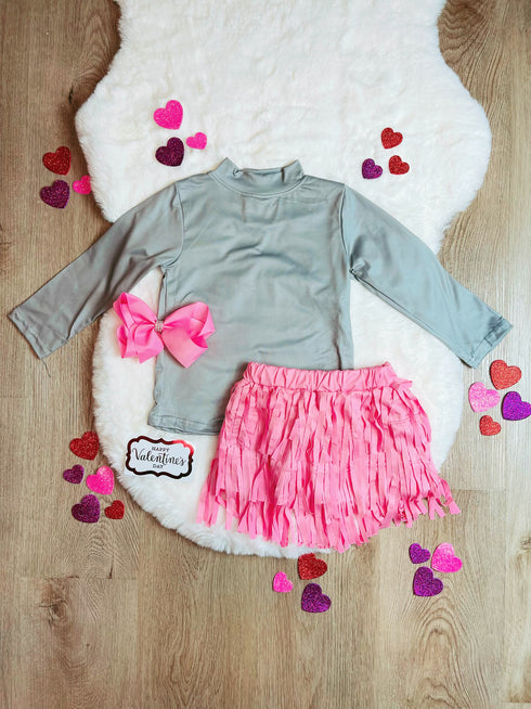Bowtism Girls Pink Tassel Skirt Set With Matching Bow - Bowtism