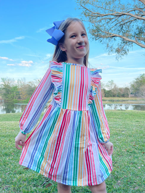 Bowtism Fun Times Rainbow Ruffle Dress with Matching Bow - Bowtism