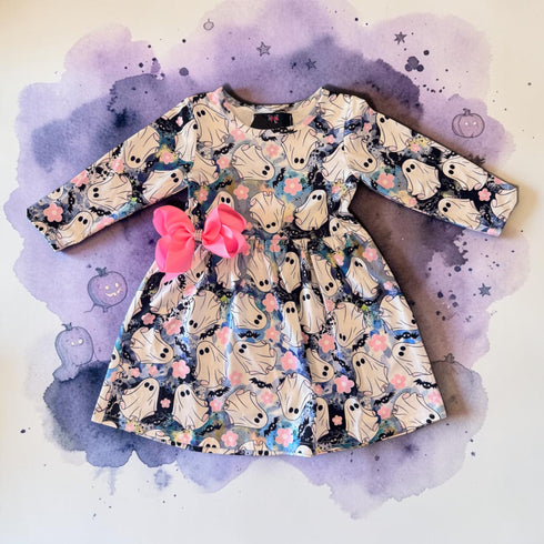 Girls Pink Ghost Dress, Short Sleeve Twirl Dress with Matching Bow