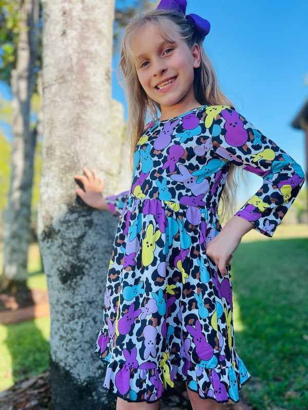Girls Easter Peeps Cheetah Dress with Matching Bow - Bowtism