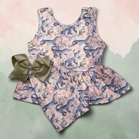 Girls Crocodile Zoo Shorts Set & Matching Bow