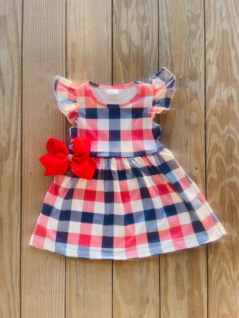 Bowtism Classic 4th Plaid Dress  with Matching Bow - Bowtism