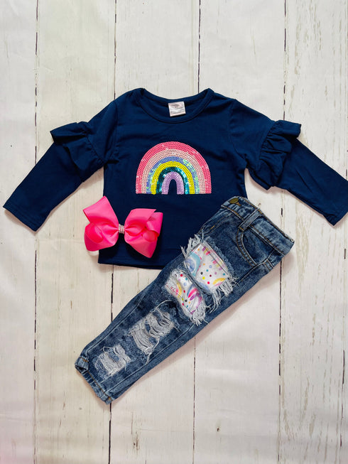 Bowtism Rainbow Sweetheart Denim Set with Matching Bow - Bowtism