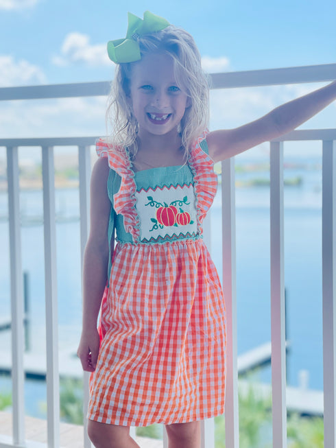 Bowtism Pumpkin Patch Smock Dress with Matching Bow - Bowtism