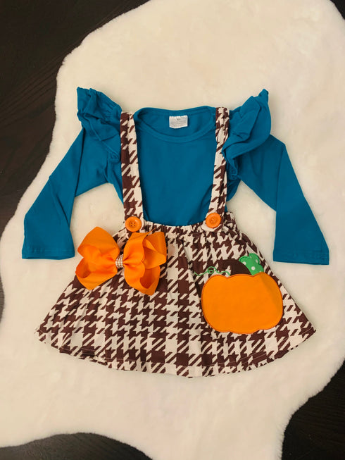 Bowtism Girls Plaid Fall Pumpkin Jumper with Matching Bow