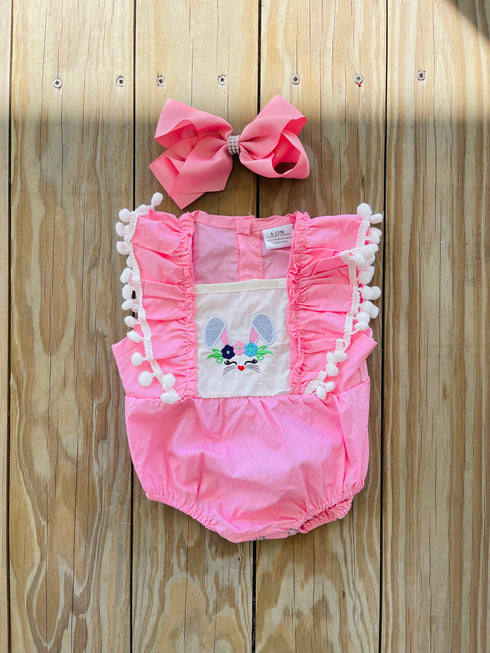 Bowtism Pink Pom Pom Bunny Romper with Matching Bow - Bowtism