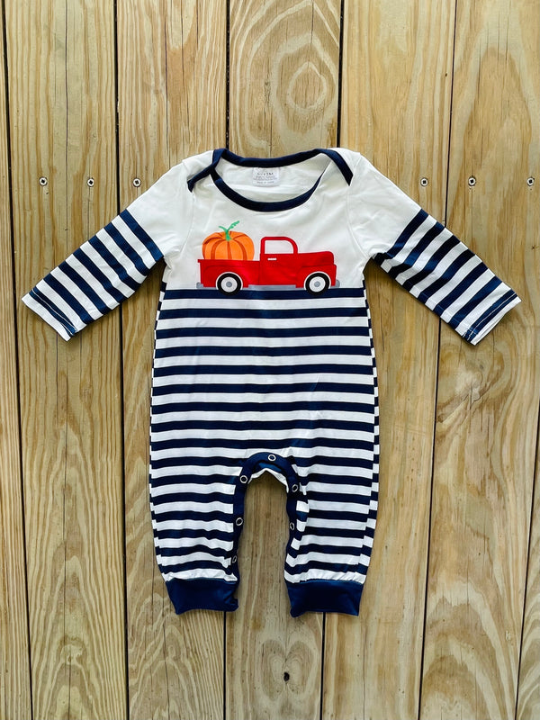 Bowtism Classic Stripe Pumpkin Truck Romper with Matching Bow - Bowtism