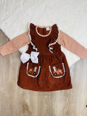 Bowtism Farm Lace Corduroy Dress with Matching Bow