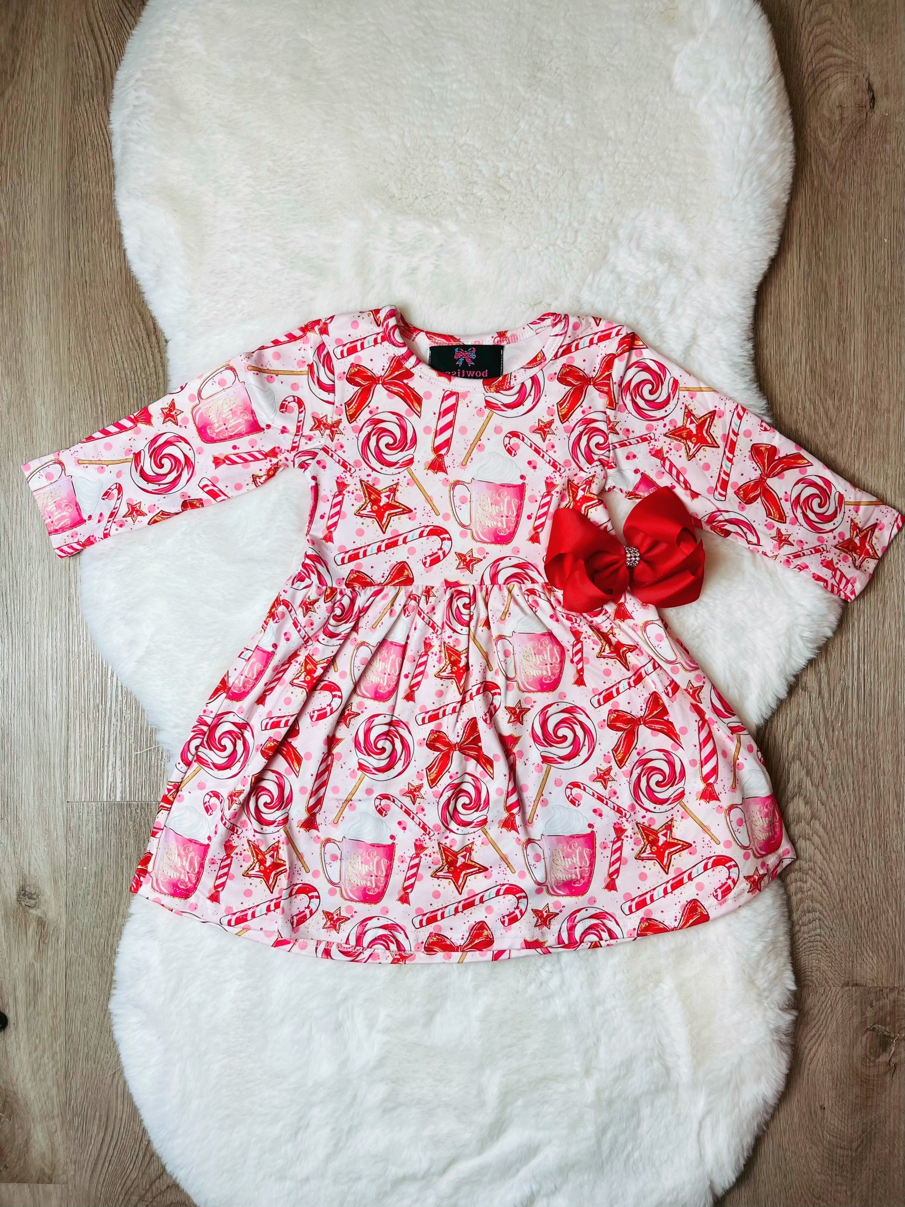 white christmas dresses Bowtism Christmas Candy Cane Twirl Dress with Matching Bow, 2XL-6/7 Years