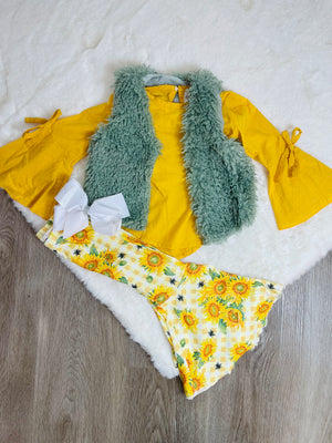 Bowtism Fur Vest and Sunflower Flare Pants Set with Matching Bow No