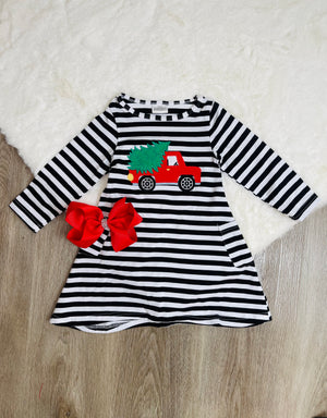 Bowtism Red Truck Holiday Dress with Matching Bow