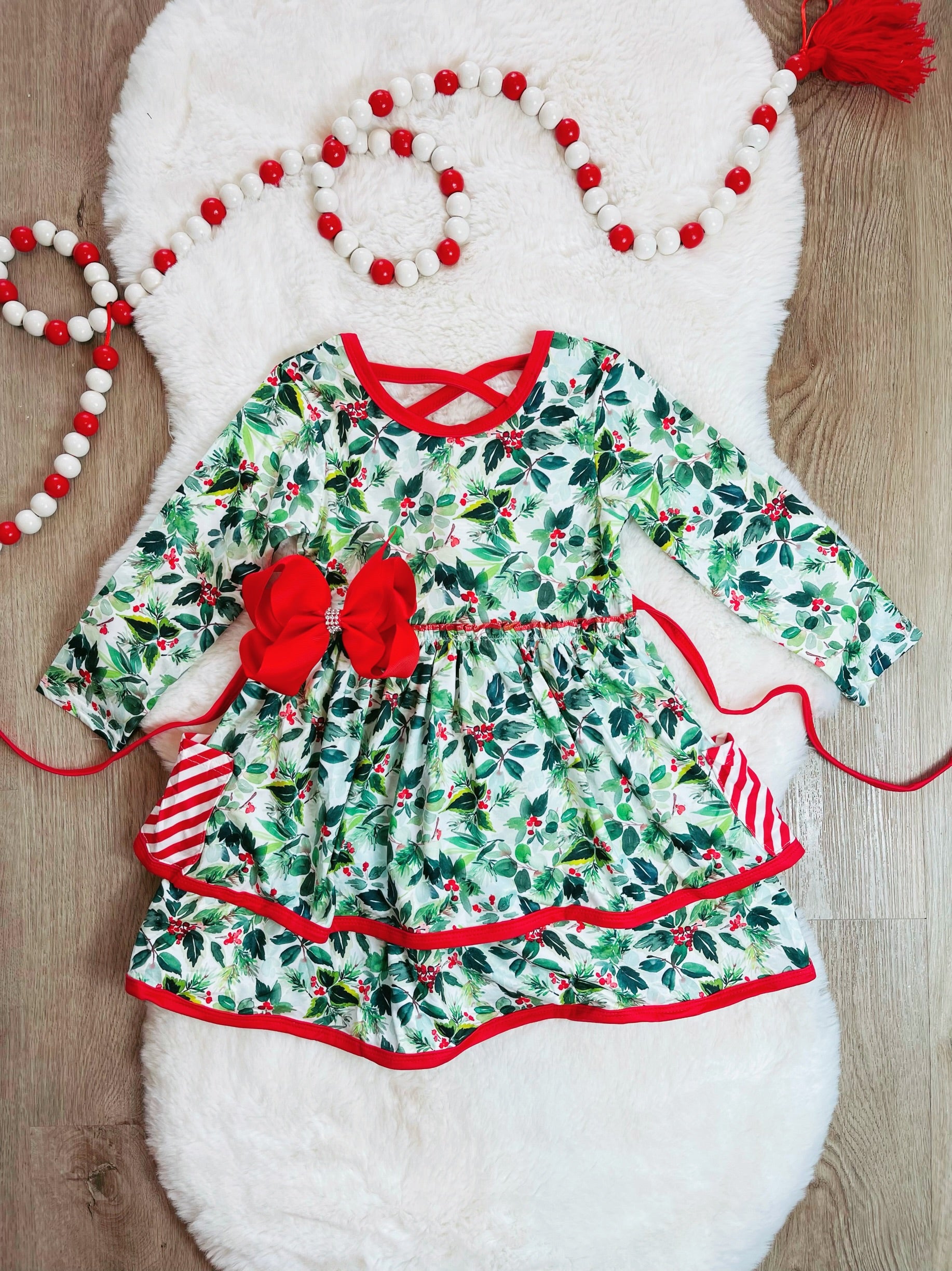 Bowtism Christmas Holly Layered Pocket Twirl Dress with Matching Bow, 5XL-10/12 Years