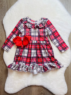 Bowtism Sweet Holiday Plaid Dress with Matching Bow