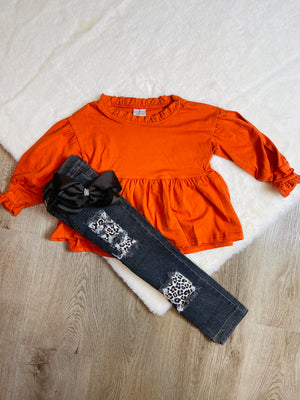 Bowtism Orange Denim Pants Set with Matching Bow