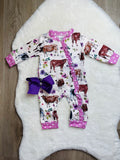 Bowtism Baby Floral Cow Romper with Matching Bow