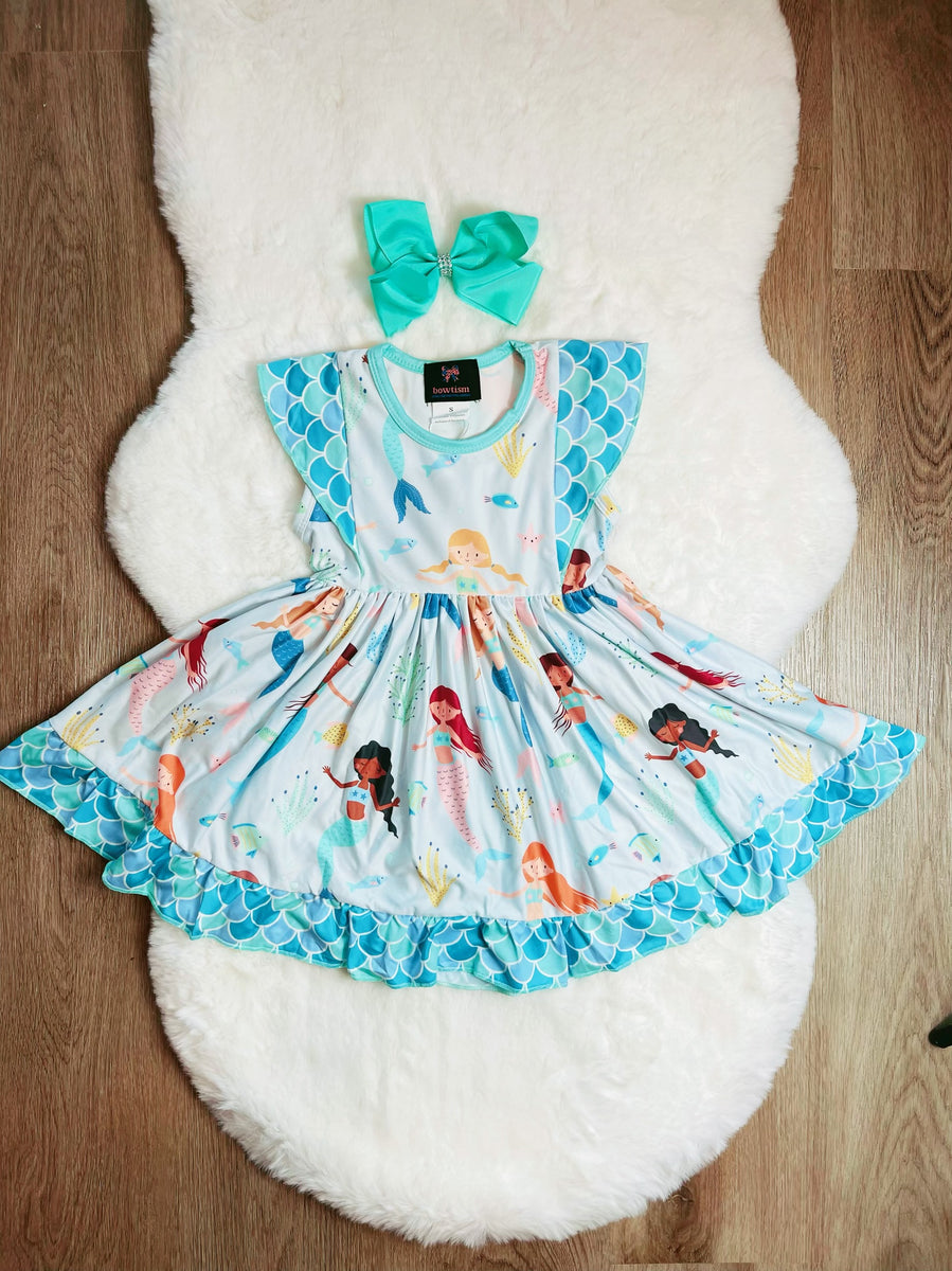 Bowtism Mermaid Bestie Ruffle Dress with Matching Bow | Bowtism
