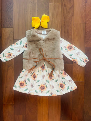 Bowtism Sunflower Dress with Fur Jacket and Matching Bow
