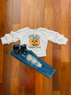 Bowtism Little Miss Pumpkin Spice Denim Pants Set with Matching Bow