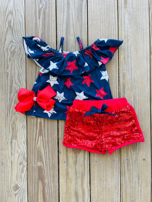 Bowtism Patriotic Glitter Shorts Set with Matching Bow