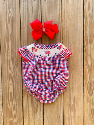 Bowtism July 4th Smock Romper with Matching Bow