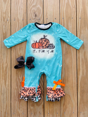 Bowtism It's Fall Y'all Pumpkin Romper with Matching Bow