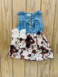 Bowtism Cow Print Denim Dress with Matching Bow
