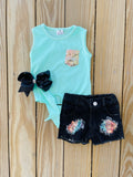 Bowtism Glitter Pocket Denim Shorts Set with Matching Bow