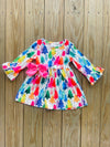 Bowtism Rainbow Tree Farm Dress with Matching Bow