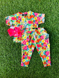 Bowtism Exclusive Vibrant Floral Pocket Crop Pants Set with Matching Bow