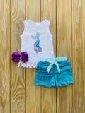 Bowtism Birthday Girl Mermaid Glitter Shorts Set with Matching Bow