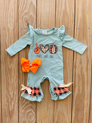 Bowtism Peace Love Pumpkin Romper with Matching Bow